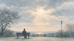 曇り空の下、公園のベンチに座る男性と雲の切れ間から差す光