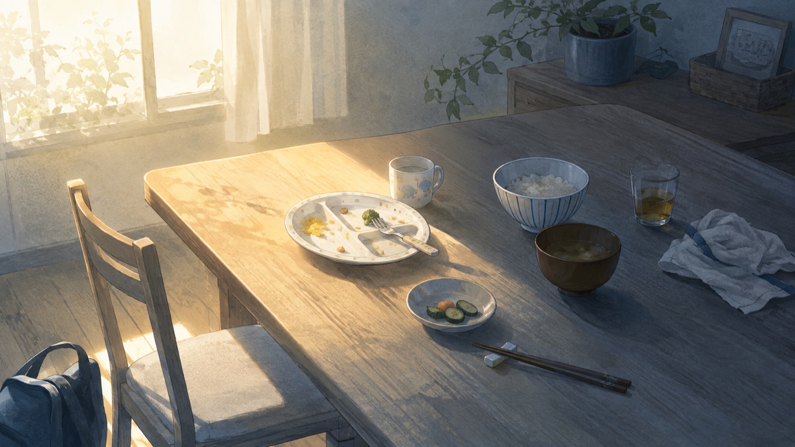 朝の食卓に残された食べかけの子ども用食器