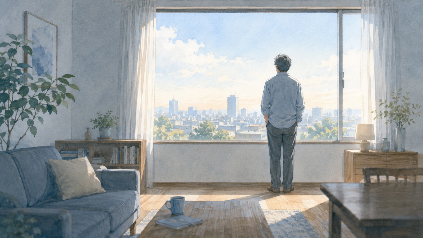 明るい部屋の窓辺に立ち外を眺める男性の後ろ姿